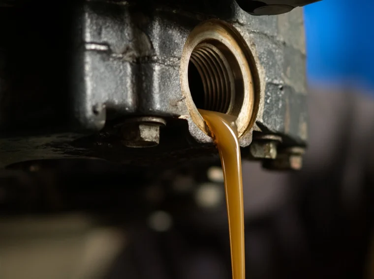 Brown fluid draining from an engine oil pan during an oil change, with visible metal threads around the opening.